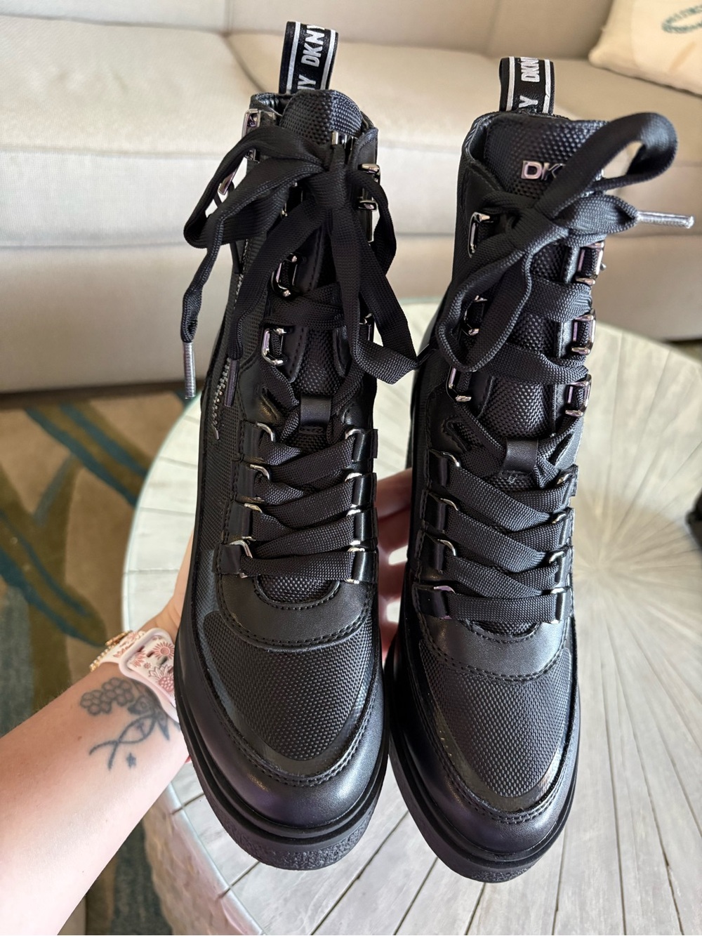 DKNY Black Lace-Up Platform Block Heel Ankle Boots